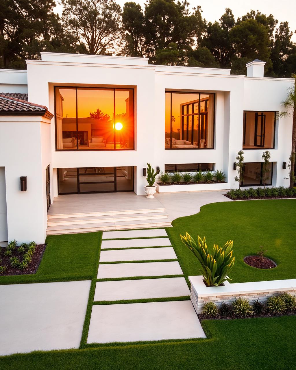 Meticulously maintained contemporary luxury home exterior at golden hour