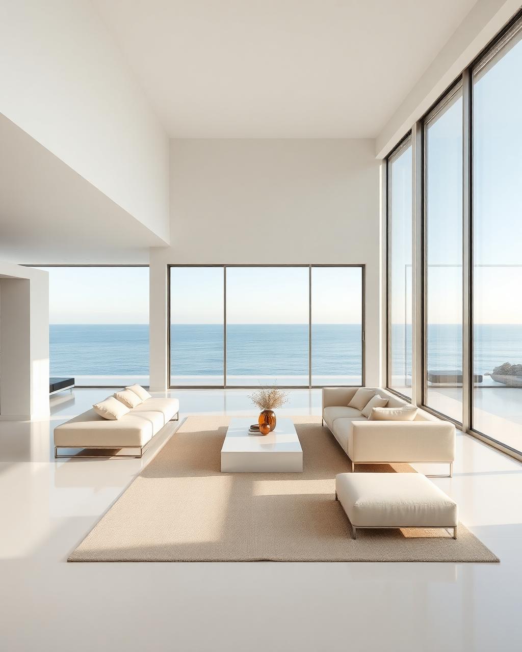 Pristine minimalist living room with panoramic Atlantic ocean view