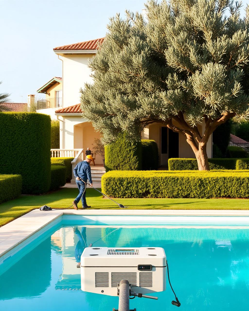 Manicured villa garden and pool under professional maintenance